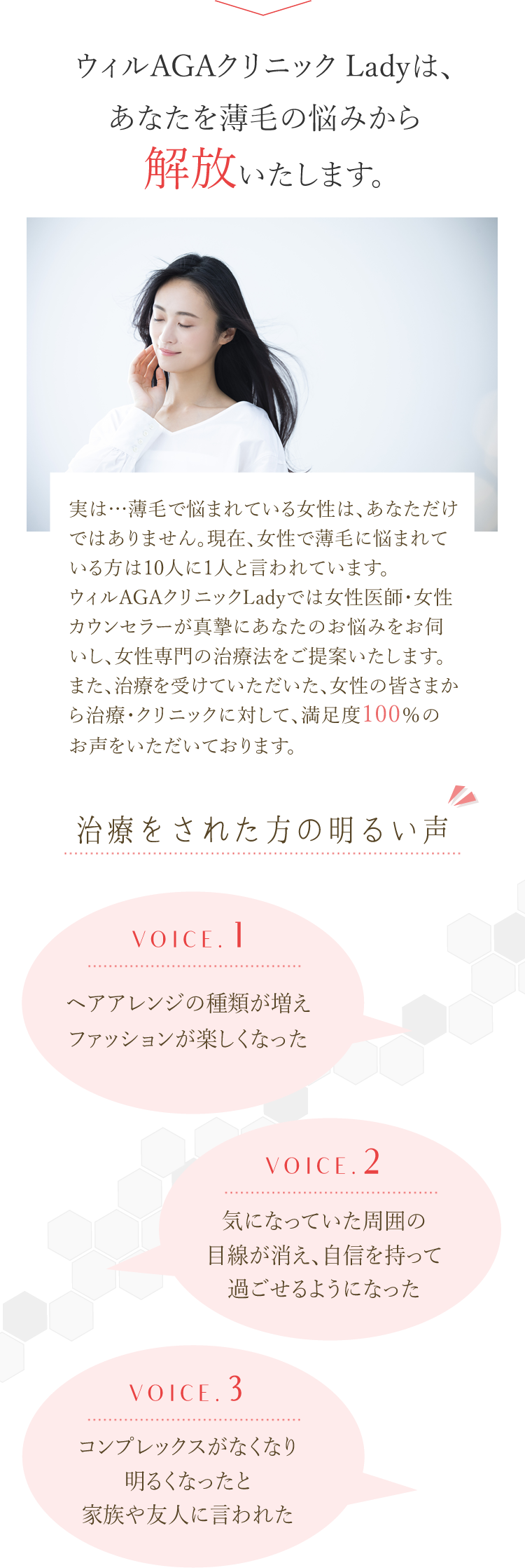 ウィルAGAクリニックLadyはあなたを薄毛の悩みから解放いたします。実は…薄毛で悩まれている女性は、あなただけではありません。現在、女性で薄毛に悩まれている方は10人に1人と言われています。ウィルAGAクリニックLadyでは医師・カウンセラーが真摯にあなたのお悩みをお伺いし、女性専門の治療法をご提案いたします。また、治療を受けていただいた、女性の皆様から治療・クリニックに対して、満足度100％のお声をいただいております。治療をされた方の明るい声　Voice1：ヘアアレンジの種類が増えファッションが楽しくなったVoice2：気になっていた周囲の目線が消え、自信を持って過ごせるようになったVoice3：コンプレックスがなくなり明るくなったと家族や友人に言われた