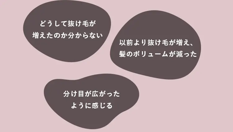 どうして抜け毛が増えたのか分からない、以前より、抜け毛が増え、髪のボリュームが減った、ホームケアで効果が感じられない、